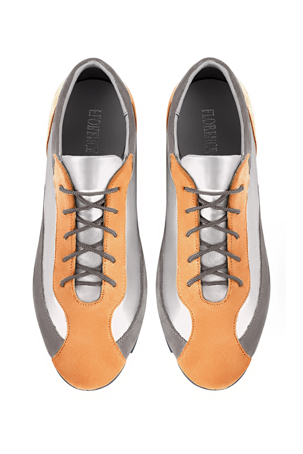 Marigold orange, light silver and pebble grey women's three-tone elegant sneakers. Round toe. Flat rubber soles. Top view - Florence KOOIJMAN